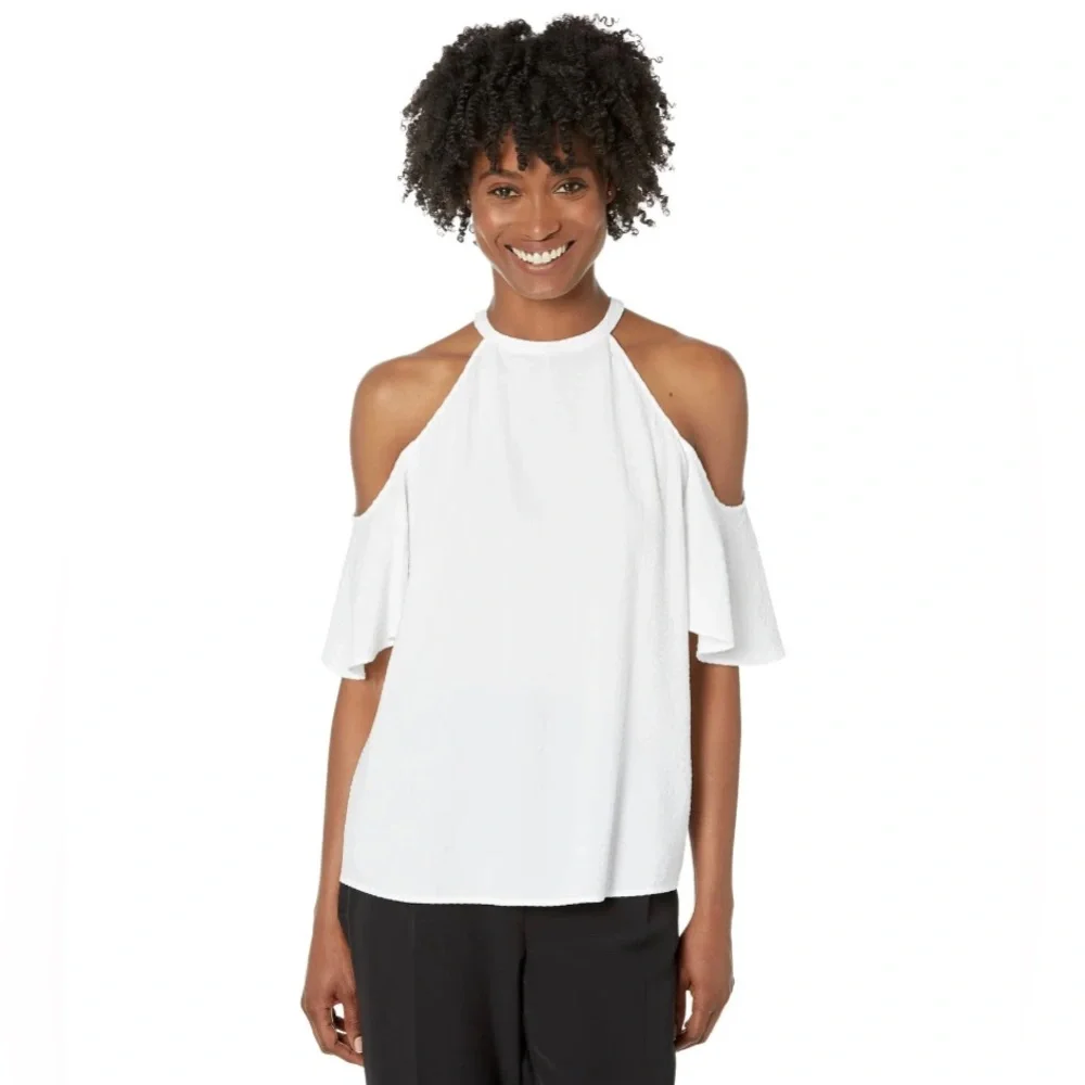 MICHAEL Michael Kors® White Seersucker Halter Style Cold Shoulder Top NWT - Picture 2 of 8